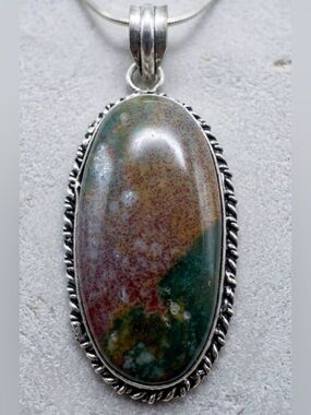 Sterling Silver 925 Jasper Agate Bloodstone Pendant Oval Necklace Pink Green 20"
